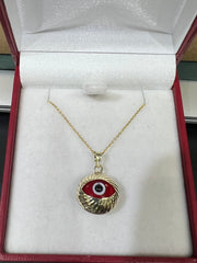 14K Yellow Gold Evil Eye Pendant Necklace – Adjustable Rolo Chain (16”-18”) – Available in Red ❤️ or Blue 🔵