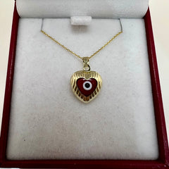 14K Yellow Gold Heart  Evil Eye Pendant Necklace – Adjustable Rolo Chain (16”-18”) – Available in Red  or Blue ❤️🧿or Blue 💙🧿