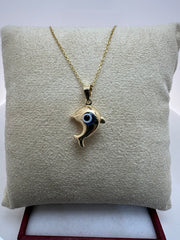 14K Solid Gold Dolphin Evil Eye Necklace – Adjustable & Gift-Ready