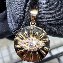 14K Solid Yellow Gold Evil Eye Pendant | Hand-Set Lab Diamonds | High Polish Finish