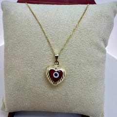 14K Yellow Gold Heart  Evil Eye Pendant Necklace – Adjustable Rolo Chain (16”-18”) – Available in Red  or Blue ❤️🧿or Blue 💙🧿