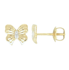 14K Gold Diamond Butterfly Stud Earrings – 6x7mm with 10mm Screw Back Posts – 0.02ct