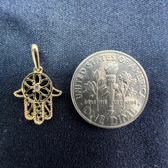 14K Gold Hamsa Hand Pendant with Diamond – Filigree Flower Design