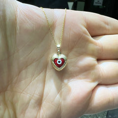 14K Yellow Gold Heart  Evil Eye Pendant Necklace – Adjustable Rolo Chain (16”-18”) – Available in Red  or Blue ❤️🧿or Blue 💙🧿