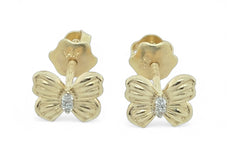 14K Gold Diamond Butterfly Stud Earrings – 6x7mm with 10mm Screw Back Posts – 0.02ct