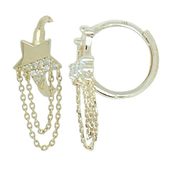 14K Gold Crown Huggie Earrings – Lab Diamonds & Dangling Chains