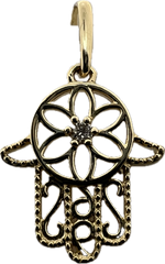 14K Gold Hamsa Hand Pendant with Diamond – Filigree Flower Design