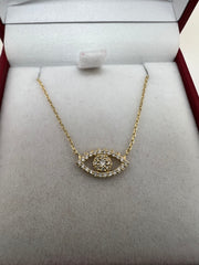14K Gold Pave Lab Diamond Evil Eye Necklace – Adjustable 16” or 18”