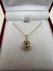 14K Yellow Gold Evil Eye Necklace – Adjustable Rolo Chain – Protective Amulet Jewelry