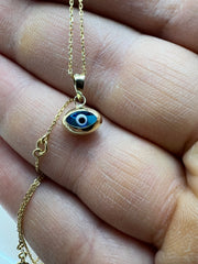14K Solid Gold Evil Eye Pendant – Adjustable Chain, Handmade Protection Jewelry