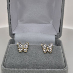 14K Gold Butterfly Stud Earrings – Lab-Grown Diamond Pavé, 9x8mm, Recycled Gold, Screwback